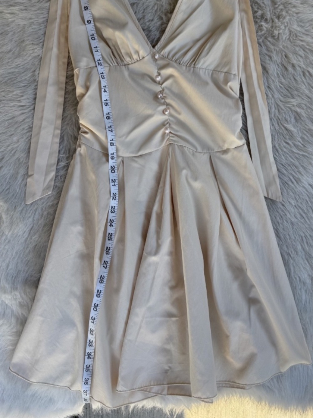 Cream Halter Fit & Flare Mini Dress | Deep V Neck | Feminine Coquette Dress - Picture 5 of 7